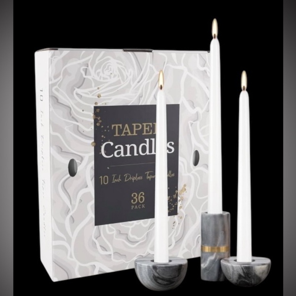 36 Pack of White Taper Candles 10" Dripless New in box